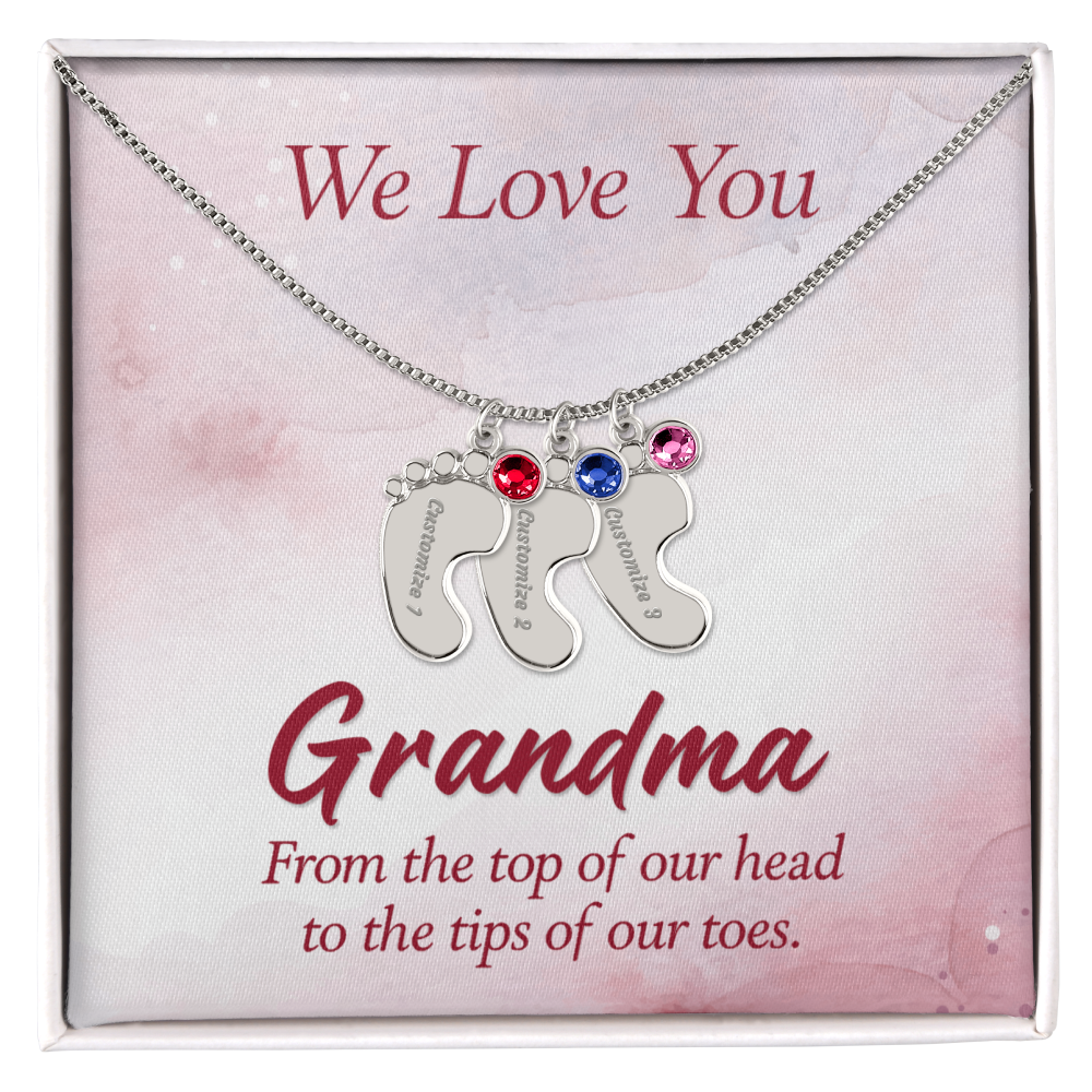 Engraved Baby Feet Necklace with Birthstone for Grandma - Mother's Day Gift