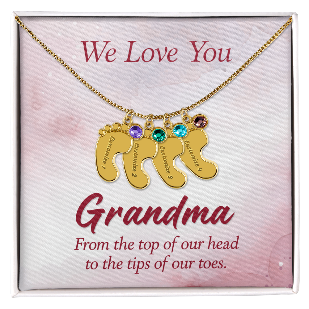 Engraved Baby Feet Necklace with Birthstone for Grandma - Mother's Day Gift