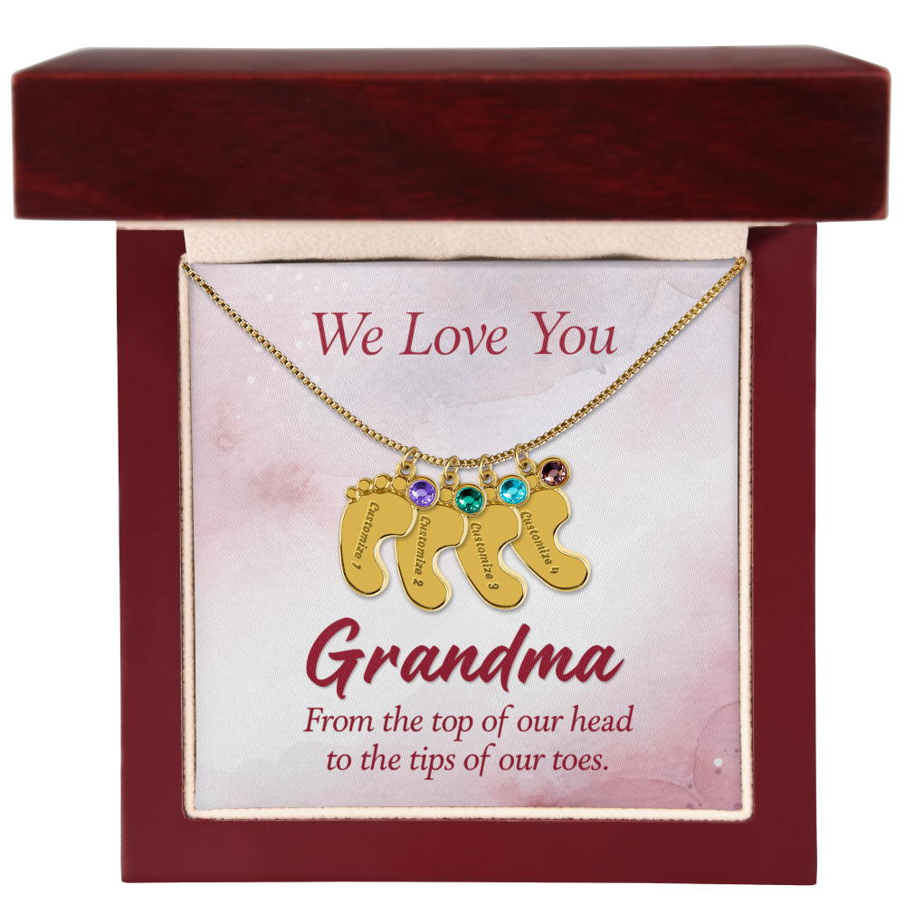 Engraved Baby Feet Necklace with Birthstone for Grandma - Mother's Day Gift