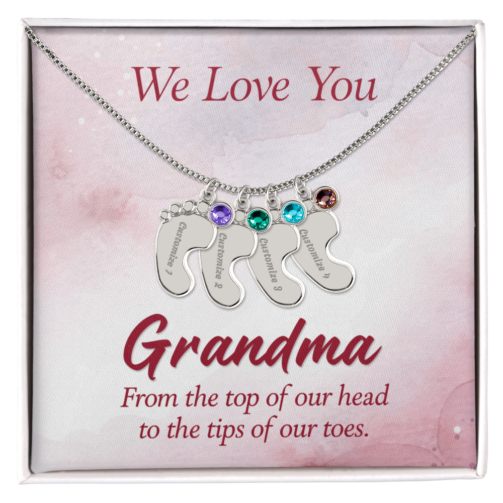 Engraved Baby Feet Necklace with Birthstone for Grandma - Mother's Day Gift
