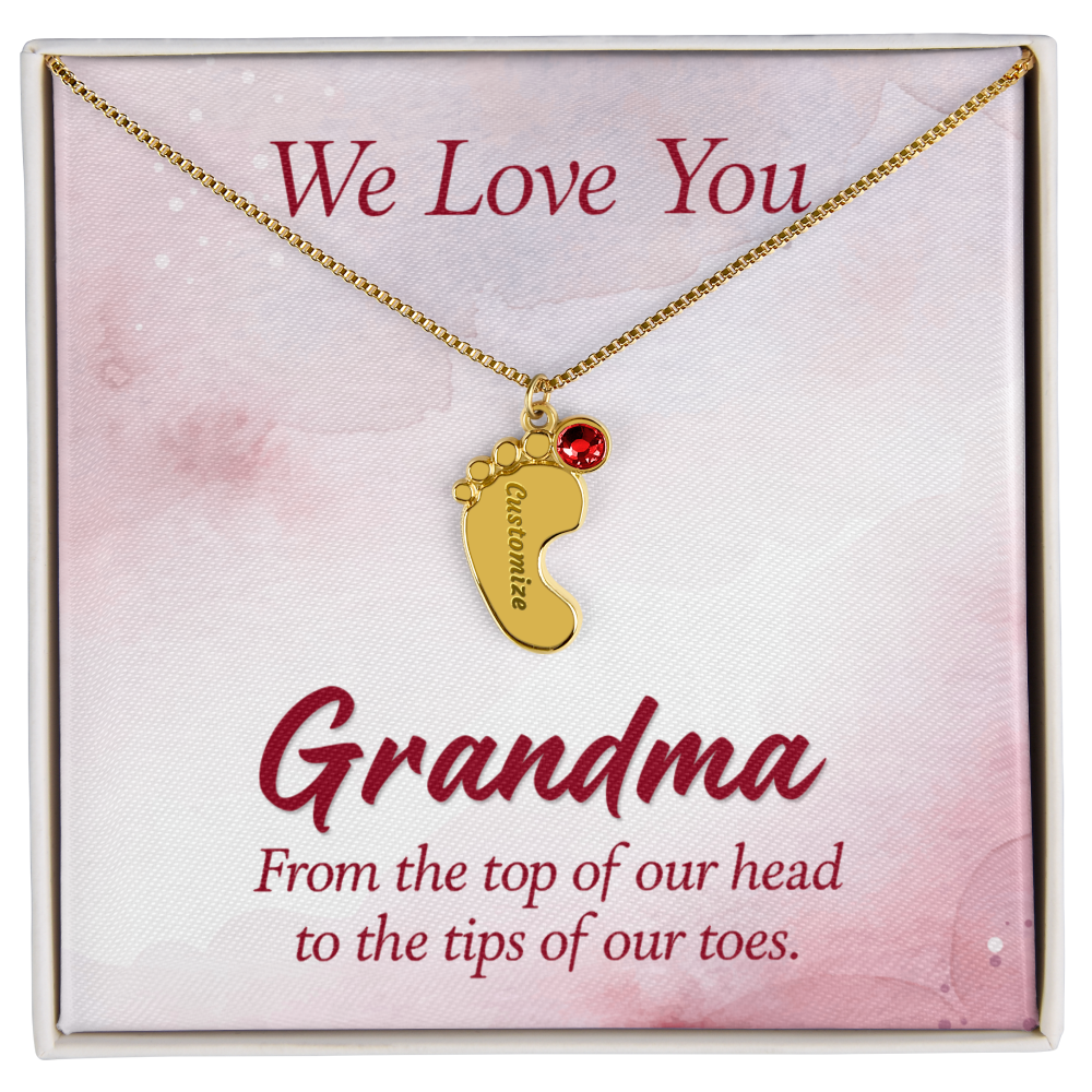 Engraved Baby Feet Necklace with Birthstone for Grandma - Mother's Day Gift