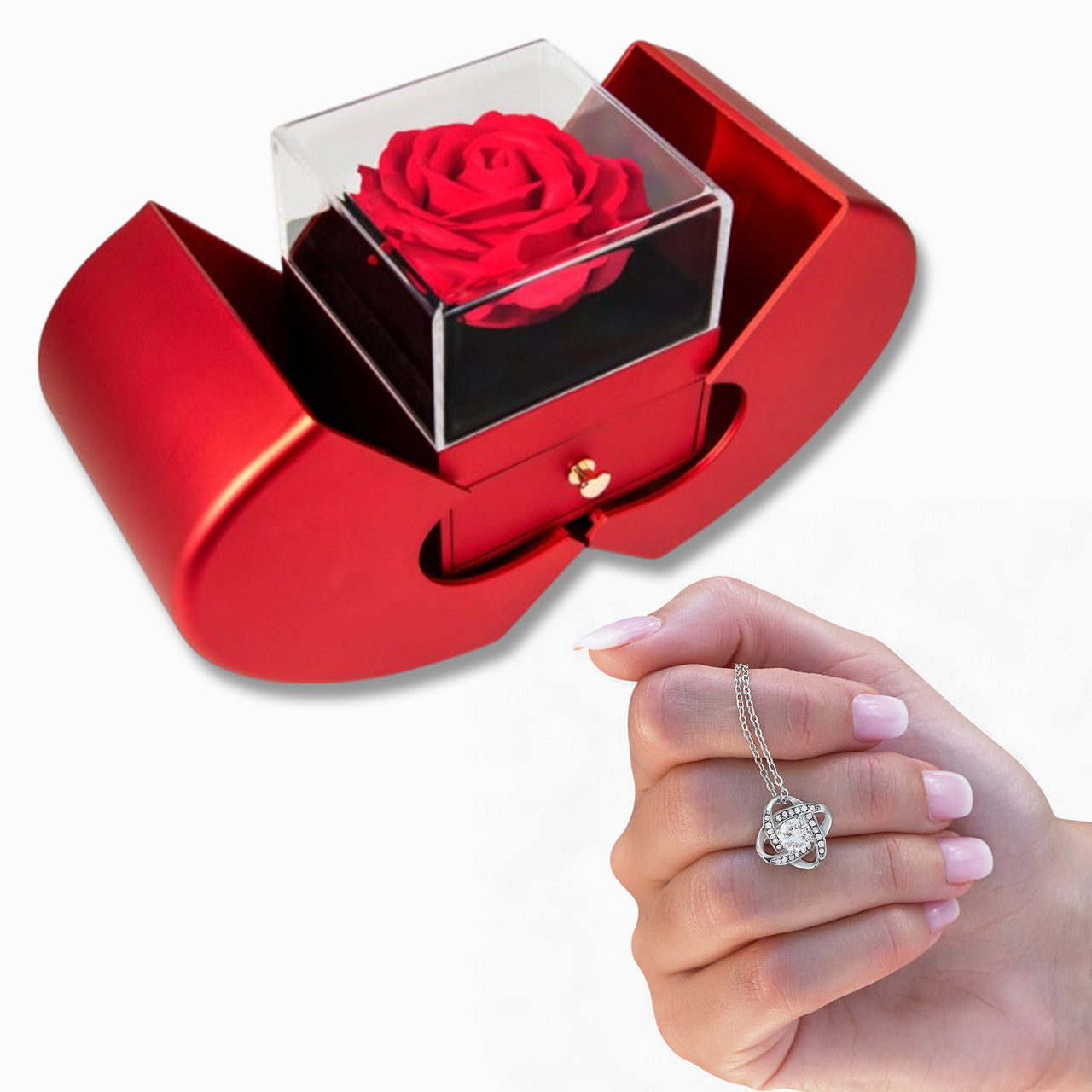 Love Knot Necklace with Red Heart Rose Box for Mom from Daughter - Mother's Day Gift