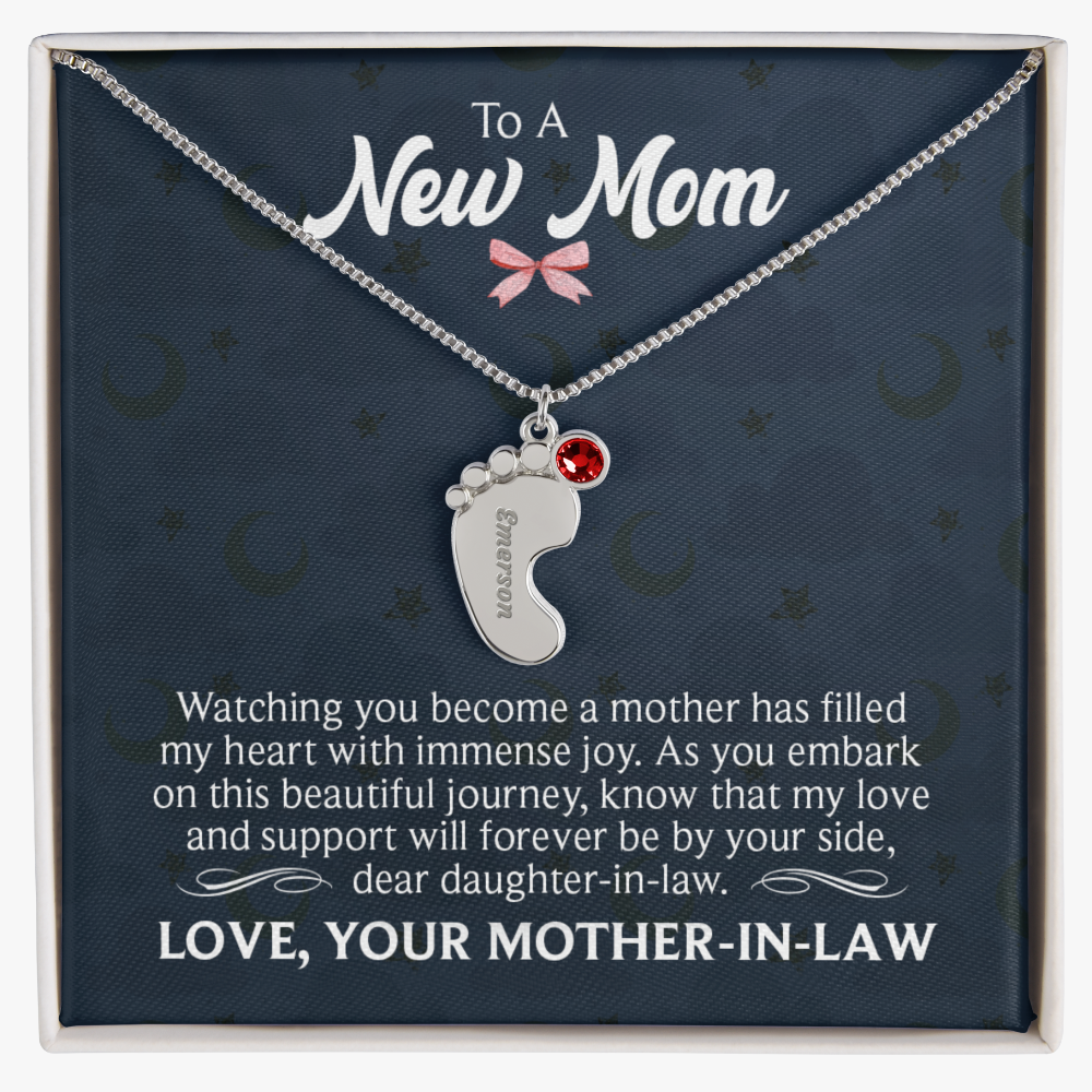 Engraved Baby Feet Necklace with Birthstone for Daughter-In-Law from Mother-In-Law - Mother's Day Gift