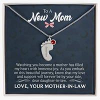 Engraved Baby Feet Necklace with Birthstone for Daughter-In-Law from Mother-In-Law - Mother's Day Gift