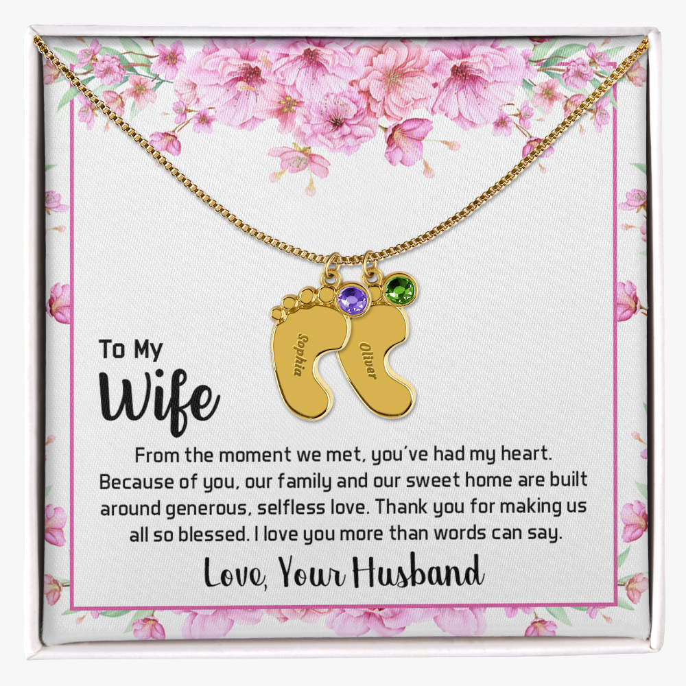 Engraved Baby Feet Necklace with Birthstone for Wife from Husband - Mother's Day Gift