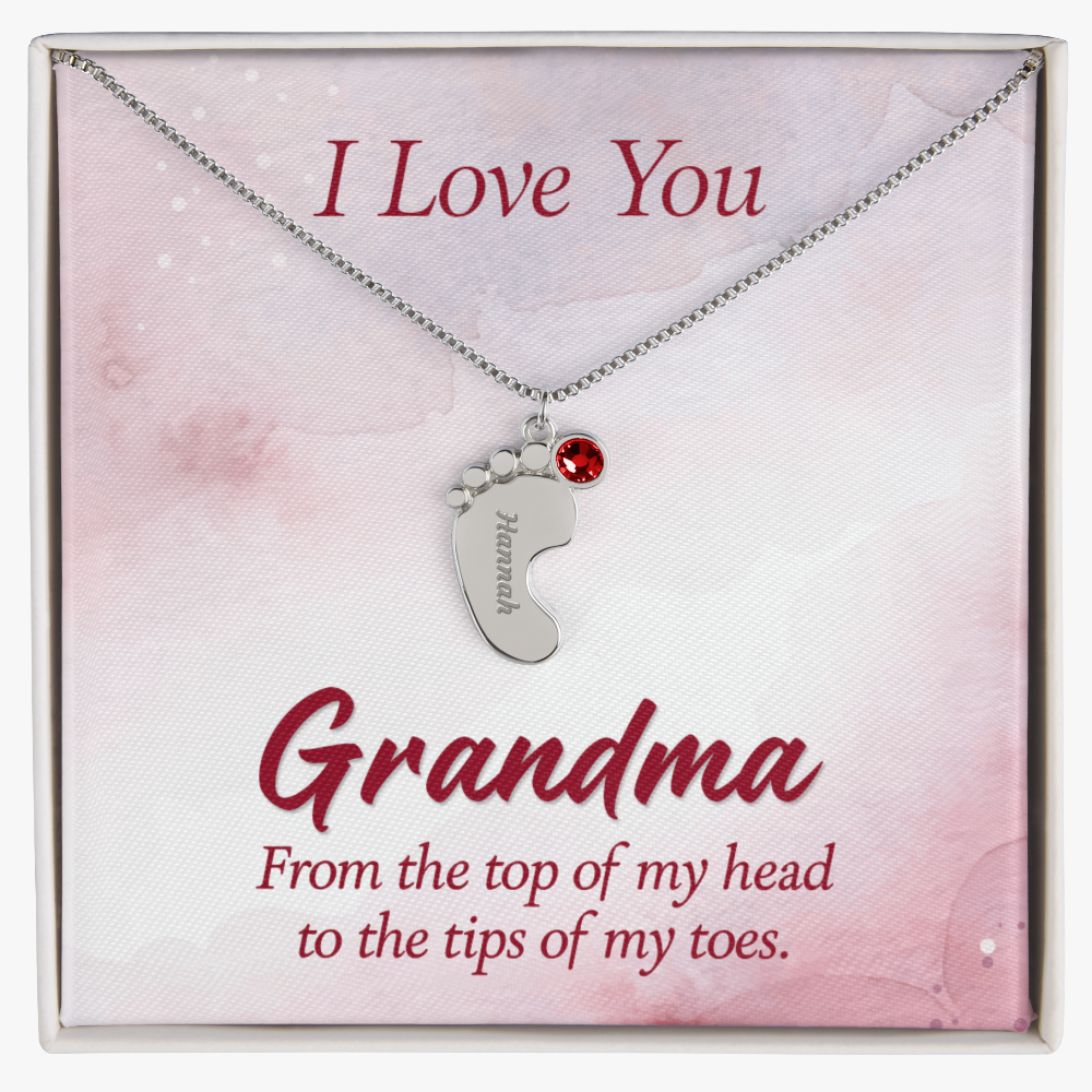 Engraved Baby Feet Necklace with Birthstone for Grandma - Mother's Day Gift