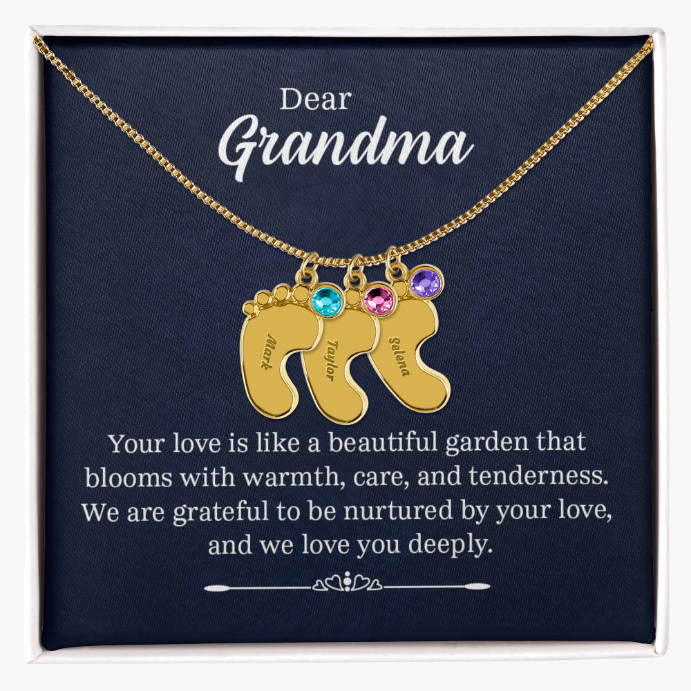 Engraved Baby Feet Necklace with Birthstone for Grandma - Mother's Day Gift