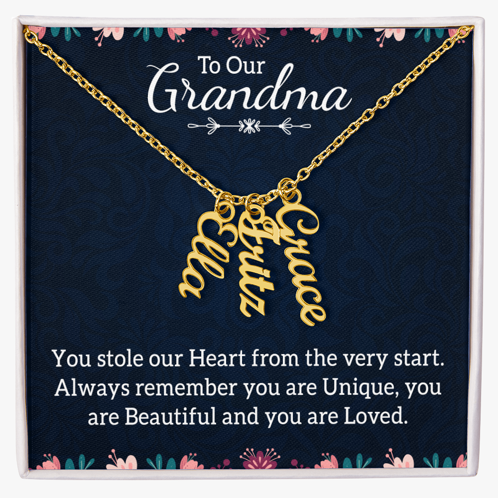 Multi Vertical Name Necklace for Grandma with Grandkids Name - You Stole Our Heart - Mother's Day Gift