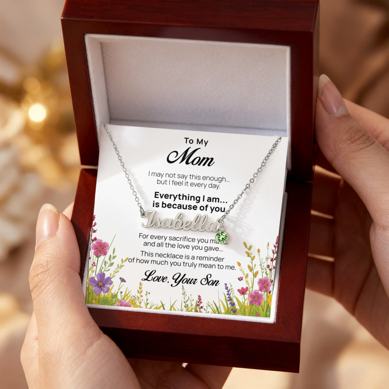 Custom Name Necklace with Birthstone for Mom from Son - Mother's Day Gift