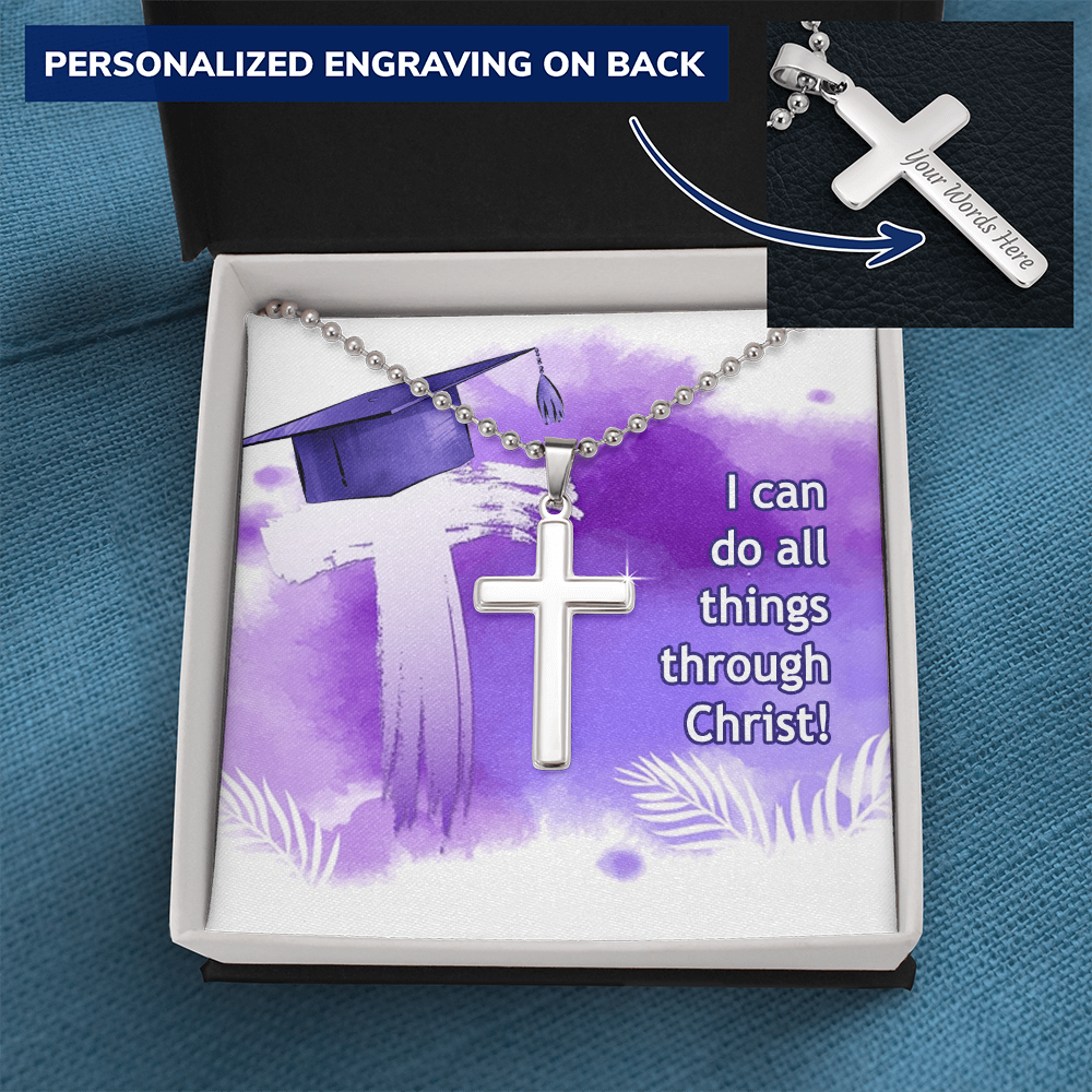 Personalized Cross Necklace with Ball Chain - Graduation, Religion, I Can Do All Things