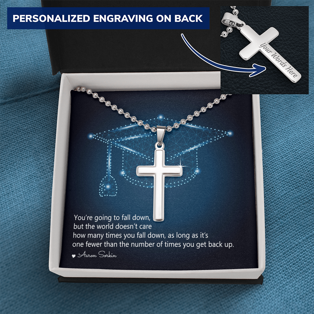 Personalized Cross Necklace with Ball Chain - Graduation, You Get Back Up