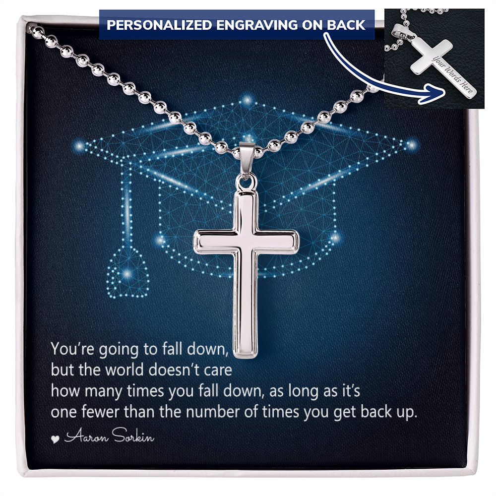 Personalized Cross Necklace with Ball Chain - Graduation, You Get Back Up