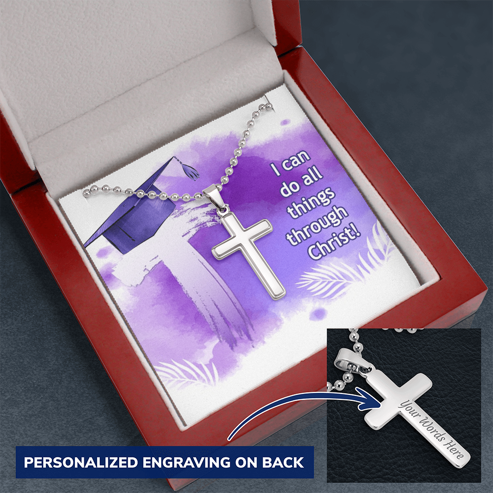 Personalized Cross Necklace with Ball Chain - Graduation, Religion, I Can Do All Things