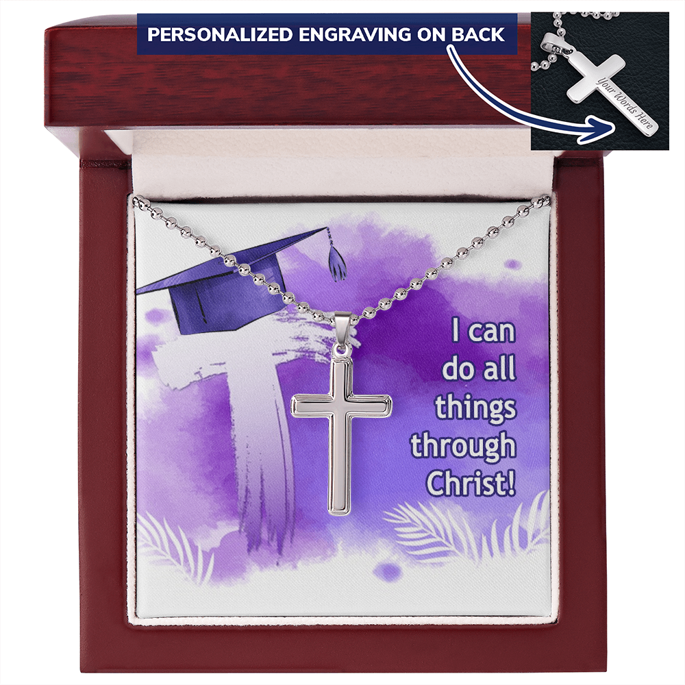 Personalized Cross Necklace with Ball Chain - Graduation, Religion, I Can Do All Things
