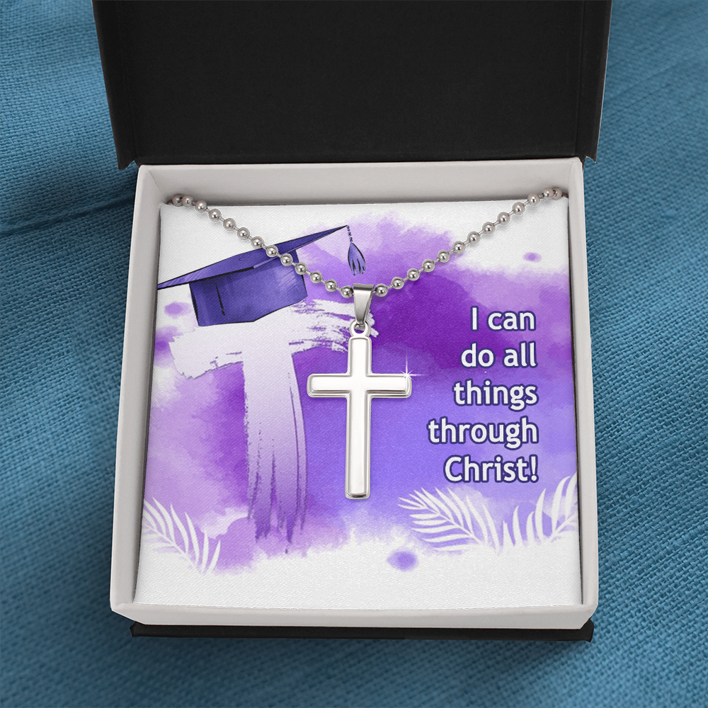 Artisan Cross Necklace with Ball Chain - Graduation, Religion, I Can Do All Things
