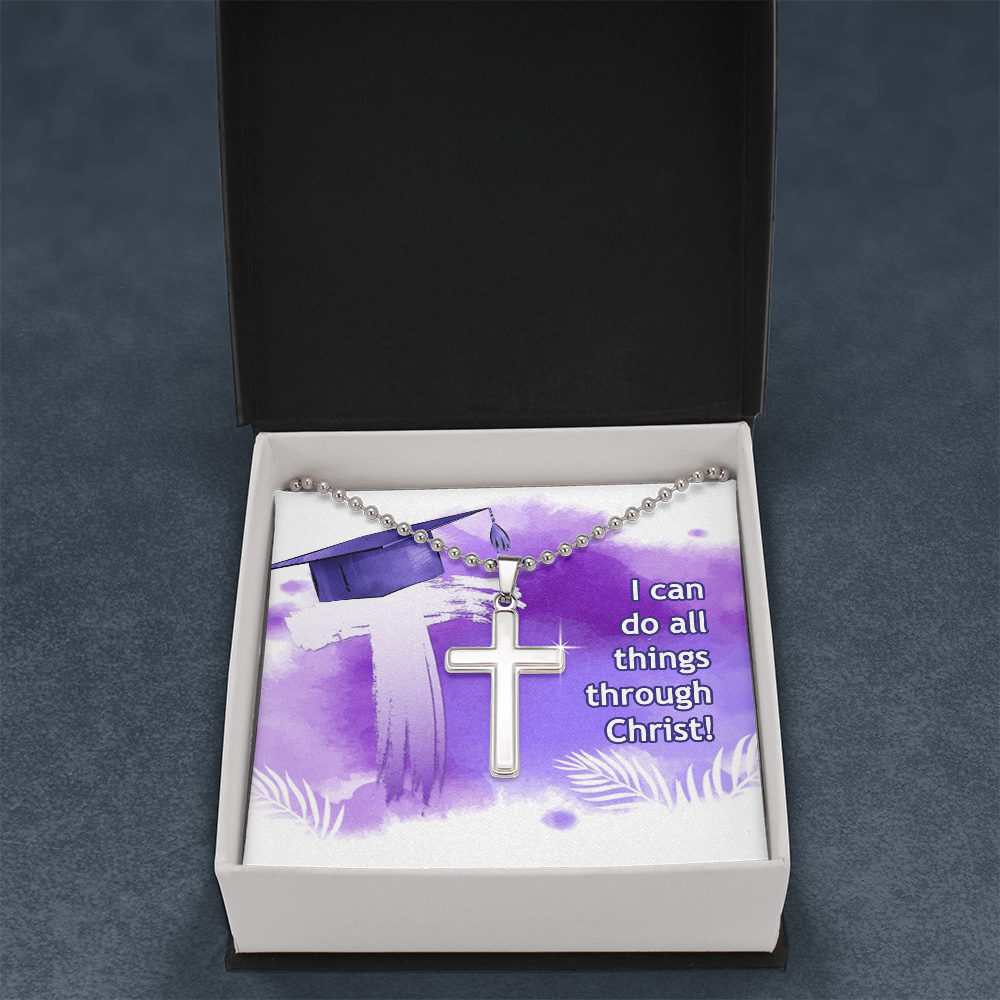 Artisan Cross Necklace with Ball Chain - Graduation, Religion, I Can Do All Things