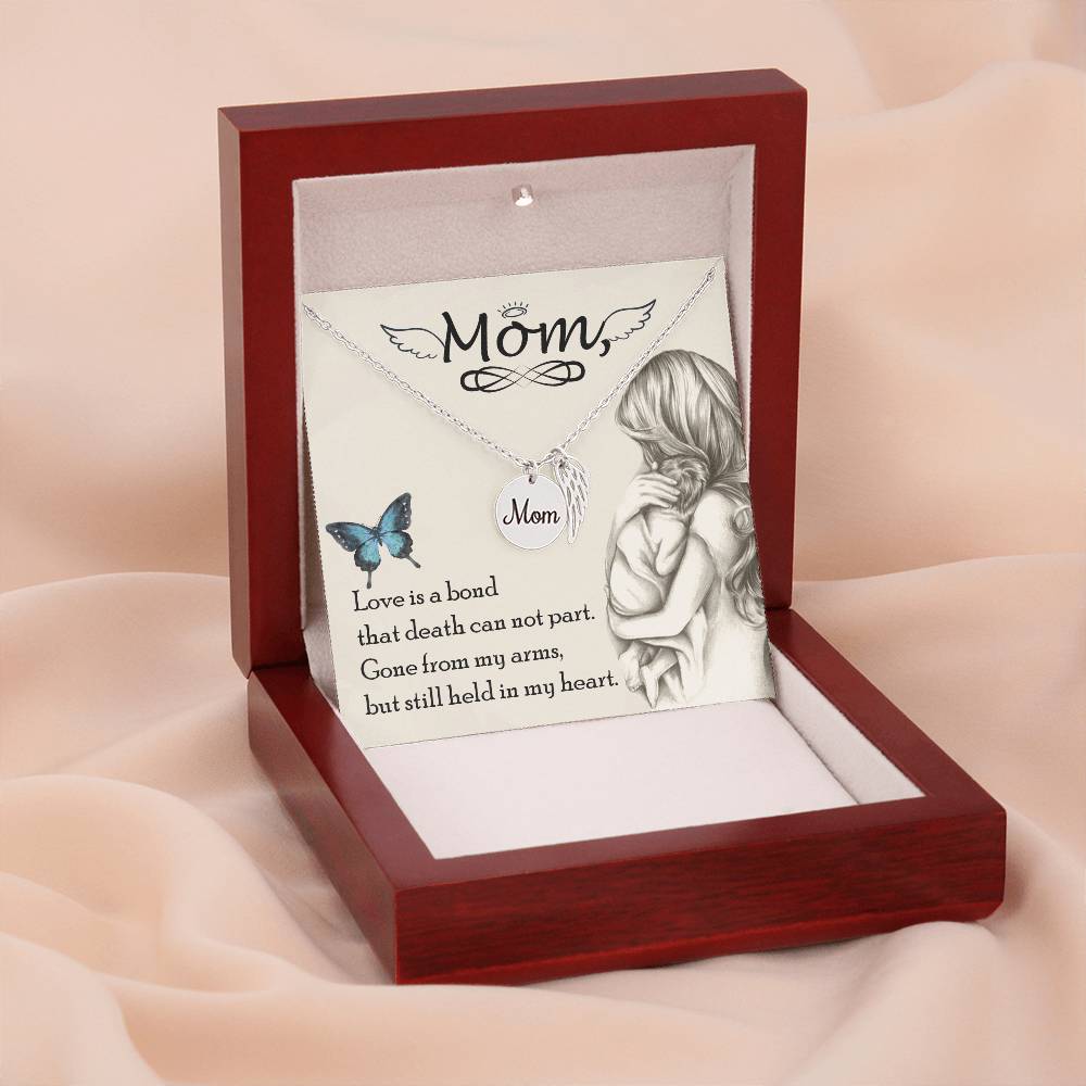 Memorial Necklace for the Loss of a Mother – "Mom" Angel Wing Remembrance Keepsake, Sympathy Gift for a Mom in Heaven with "Love Is a Bond" Card