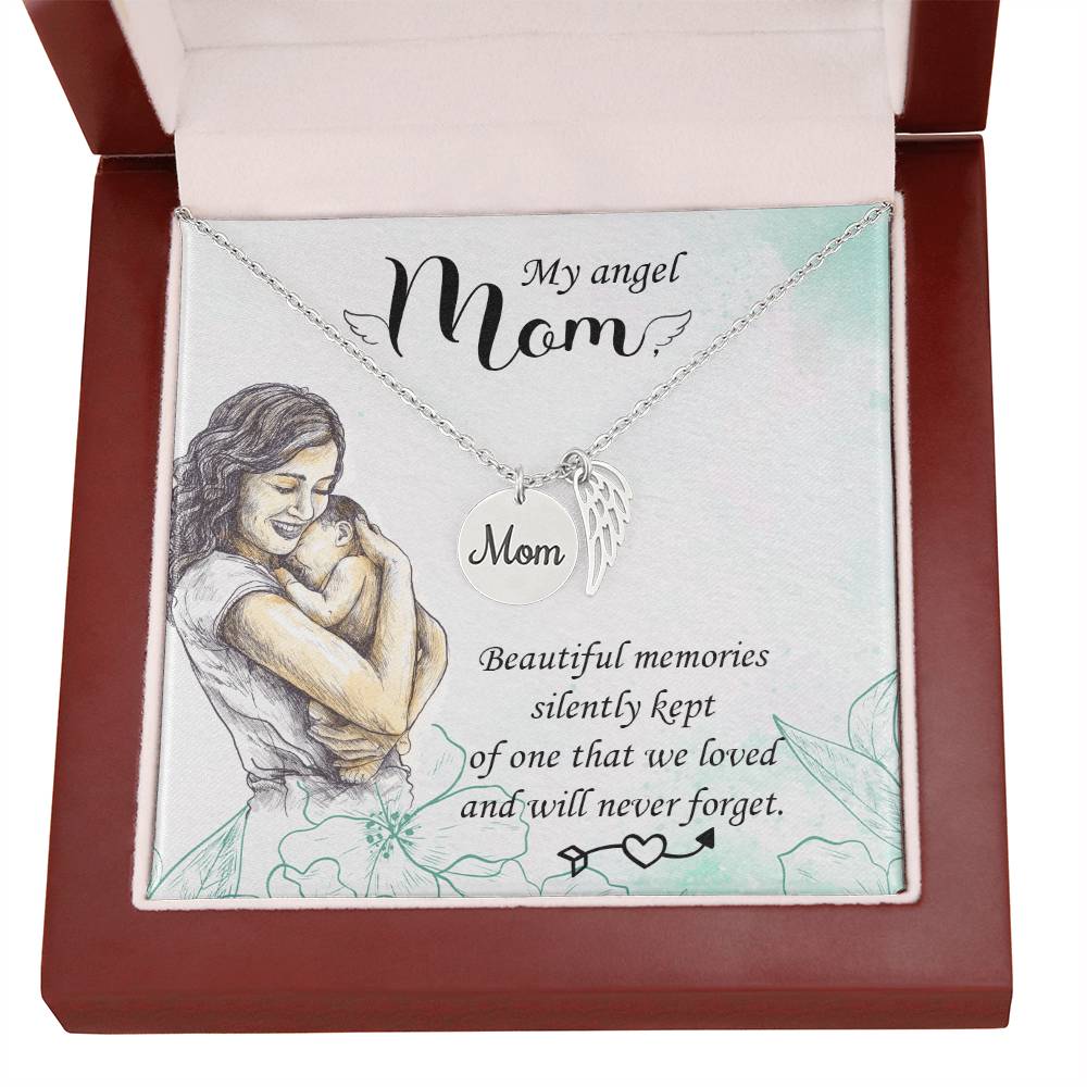 Memorial Necklace / Remembrance Necklace with Angel Wing - Mom, Beautiful Memories - Mother's Day Memorial Gift