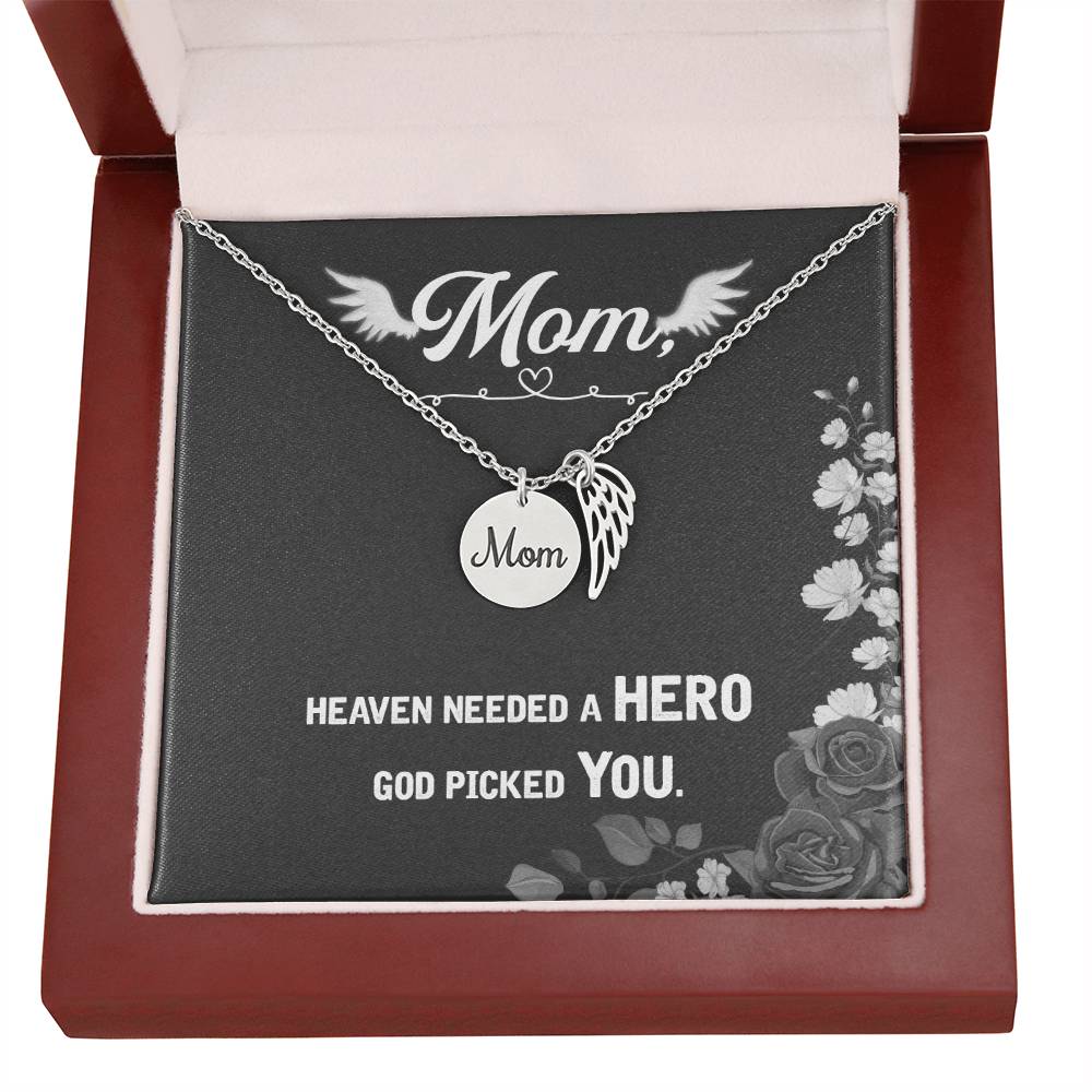 Memorial Necklace / Remembrance Necklace with Angel Wing - Mom, Heaven Needed a Hero - Mother's Day Memorial Gift