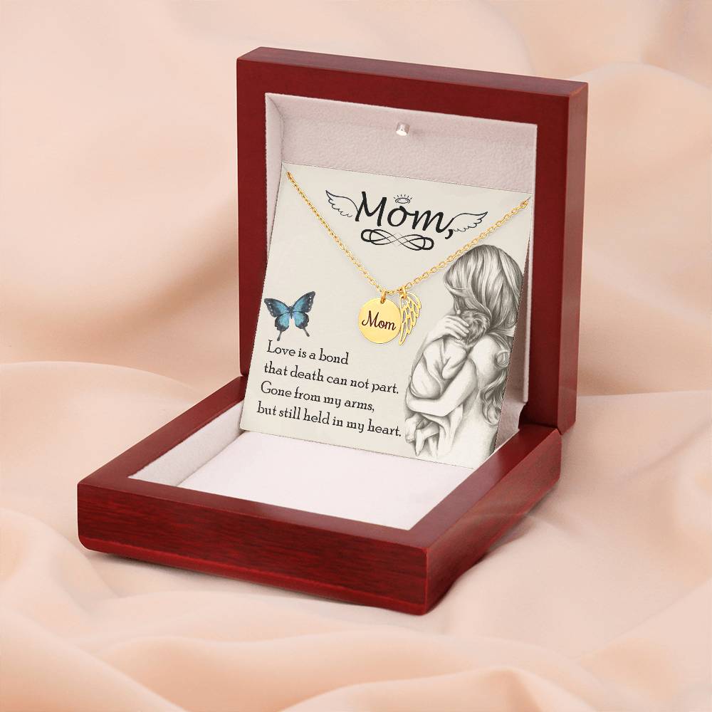 Memorial Necklace for the Loss of a Mother – "Mom" Angel Wing Remembrance Keepsake, Sympathy Gift for a Mom in Heaven with "Love Is a Bond" Card