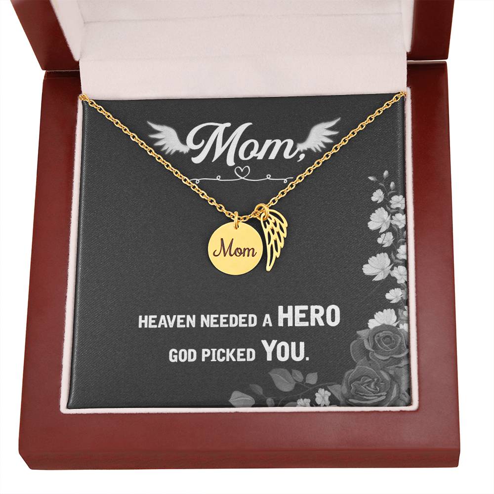 Memorial Necklace / Remembrance Necklace with Angel Wing - Mom, Heaven Needed a Hero - Mother's Day Memorial Gift