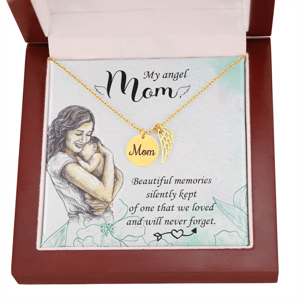 Memorial Necklace / Remembrance Necklace with Angel Wing - Mom, Beautiful Memories - Mother's Day Memorial Gift
