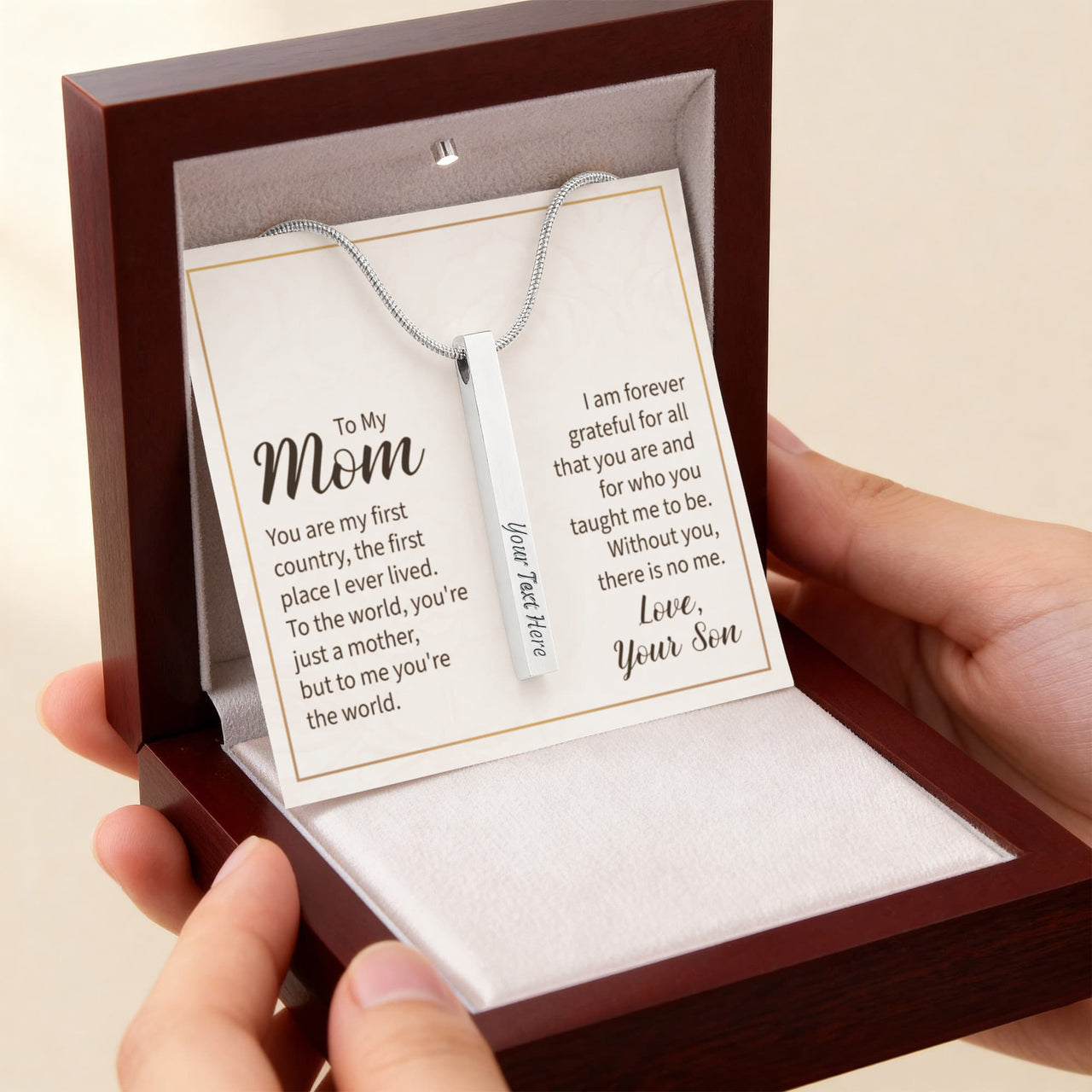 Engraved 4-Sided Stick Necklace with Message Card for Mom - Mother's Day Gift