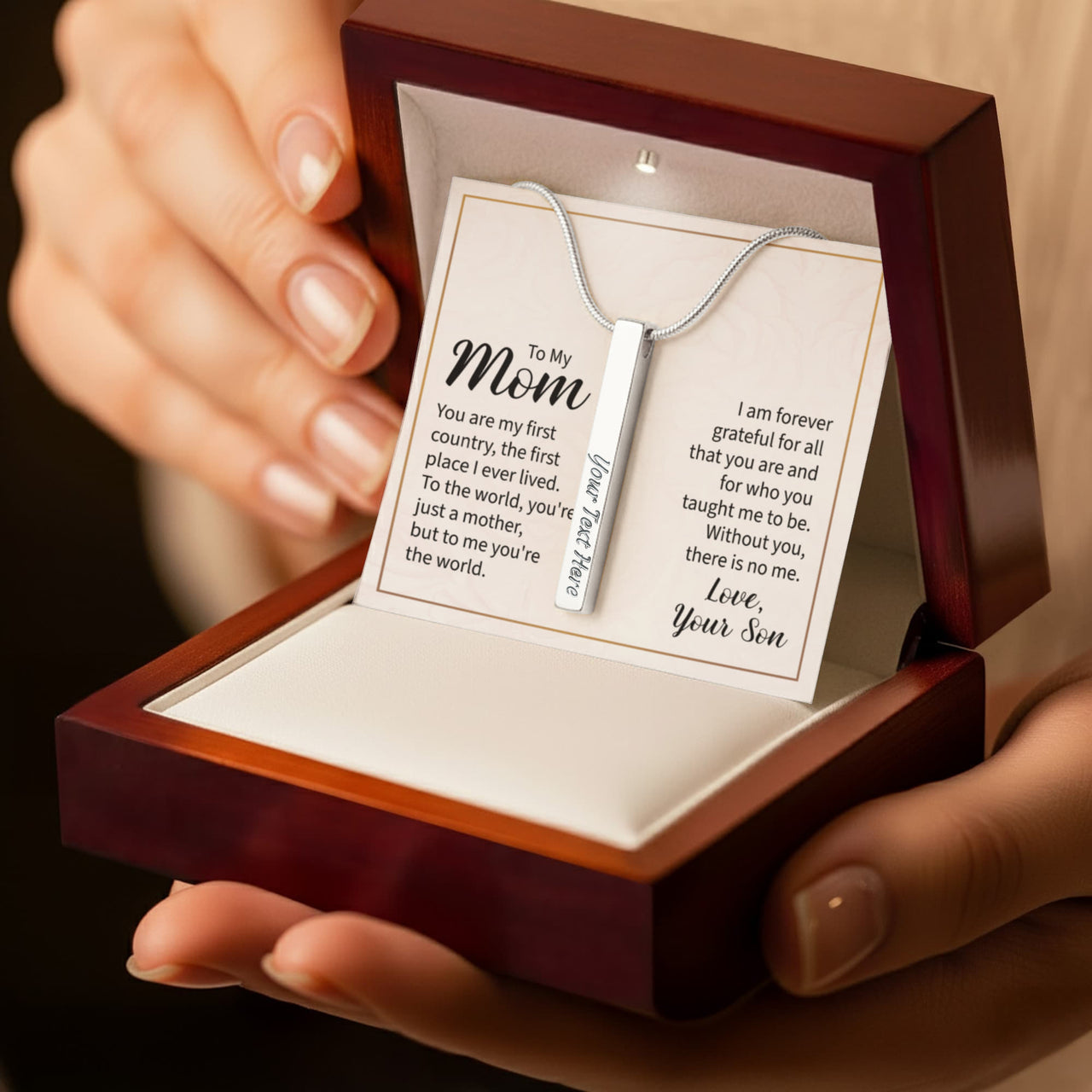 Engraved 4-Sided Stick Necklace with Message Card for Mom - Mother's Day Gift