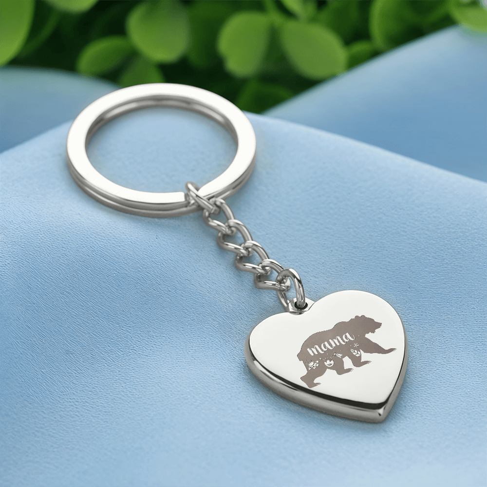 Engraved Heart Keychain for Mom - Mother's Day Gift - Mama Bear