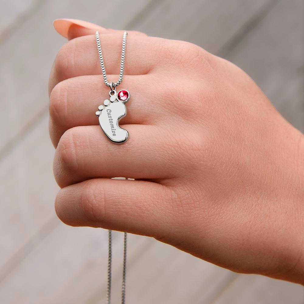 Engraved Baby Feet Necklace with Birthstone for Daughter-In-Law from Mother-In-Law - Mother's Day Gift