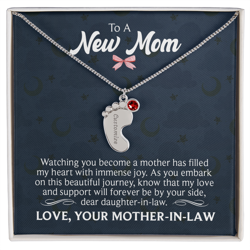 Engraved Baby Feet Necklace with Birthstone for Daughter-In-Law from Mother-In-Law - Mother's Day Gift