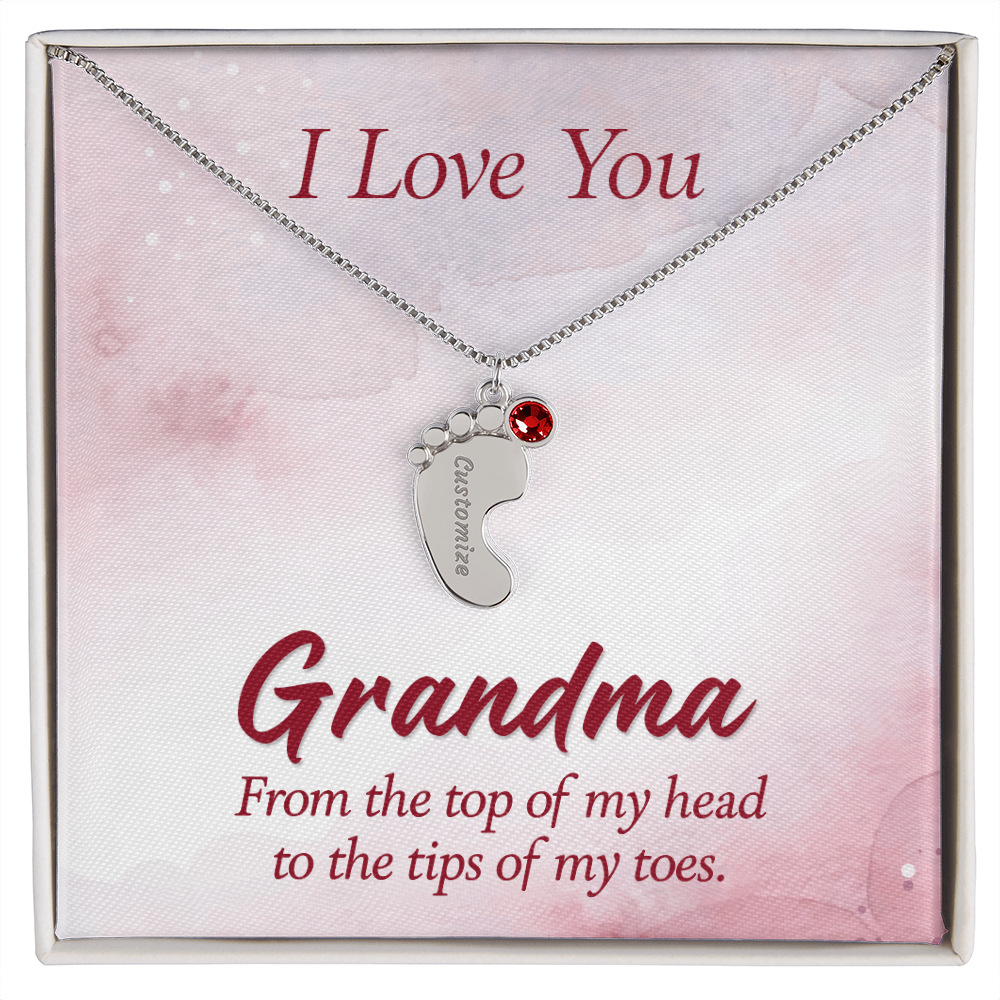 Engraved Baby Feet Necklace with Birthstone for Grandma - Mother's Day Gift