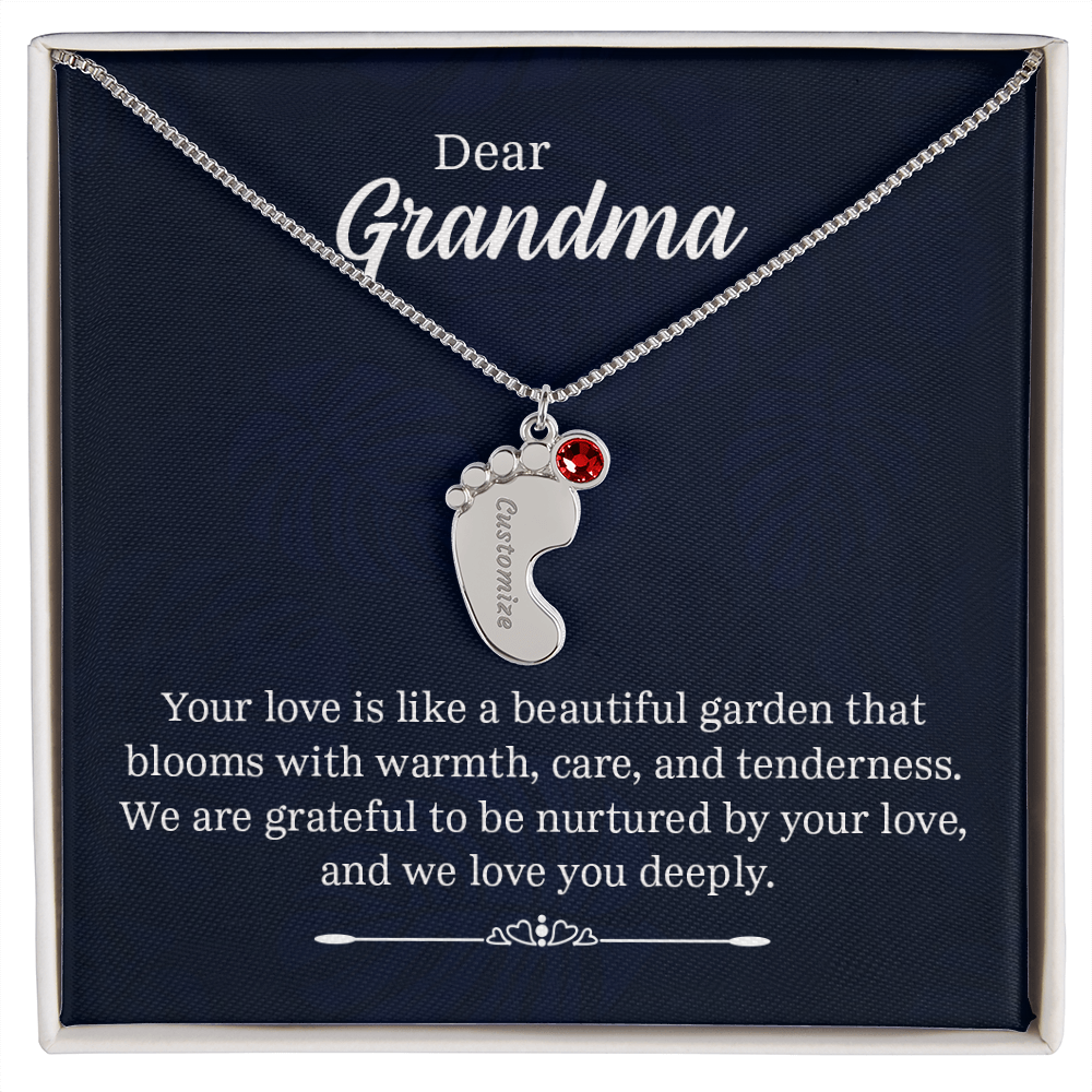 Engraved Baby Feet Necklace with Birthstone for Grandma - Mother's Day Gift
