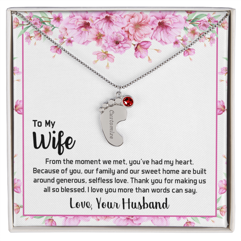 Engraved Baby Feet Necklace with Birthstone for Wife from Husband - Mother's Day Gift