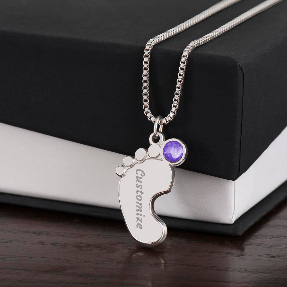 Engraved Baby Feet Necklace with Birthstone for Grandma - Mother's Day Gift
