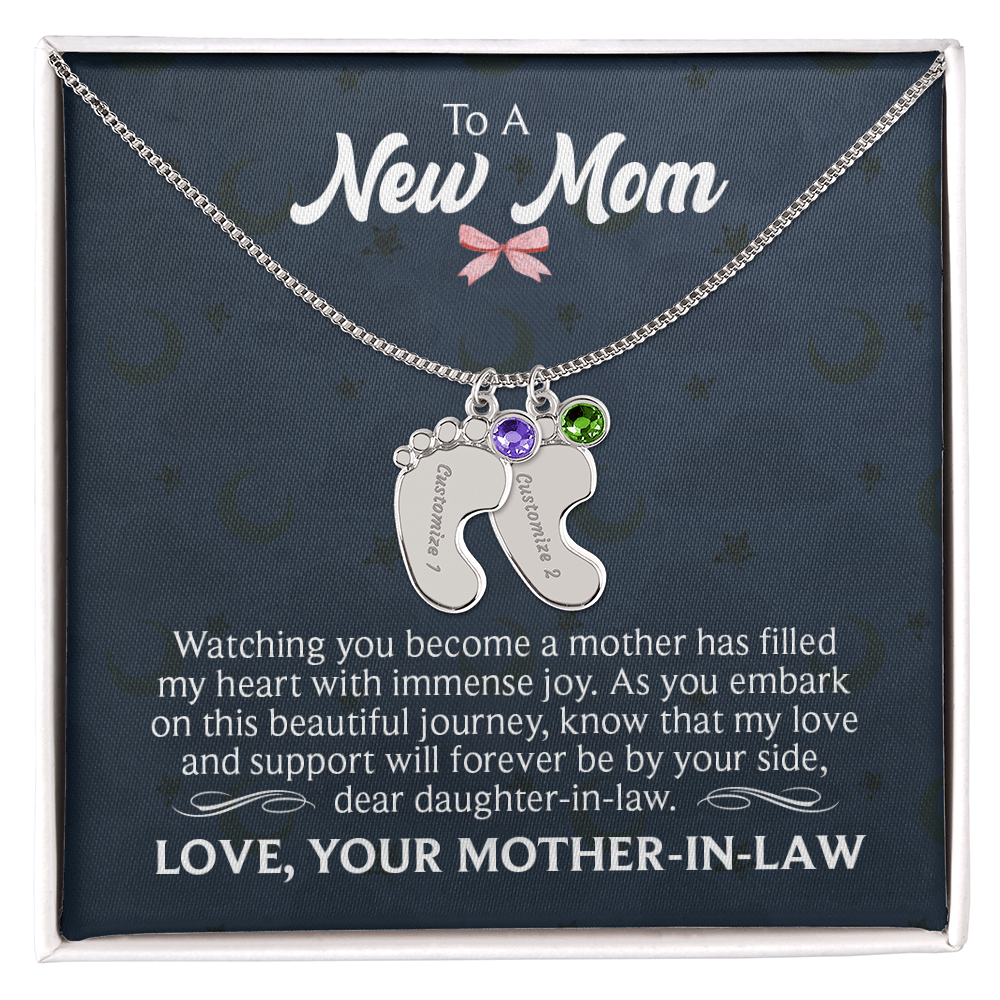 Engraved Baby Feet Necklace with Birthstone for Daughter-In-Law from Mother-In-Law - Mother's Day Gift