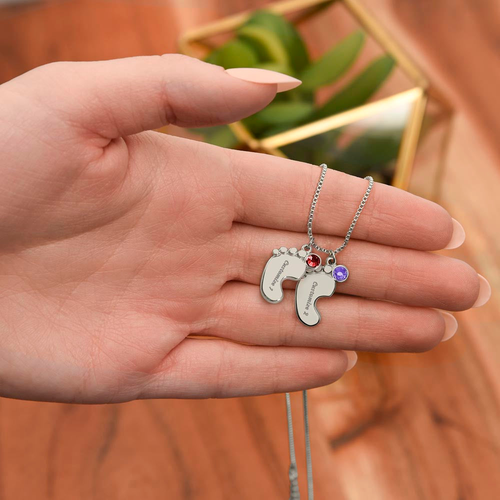 Engraved Baby Feet Necklace with Birthstone for Wife from Husband - Mother's Day Gift