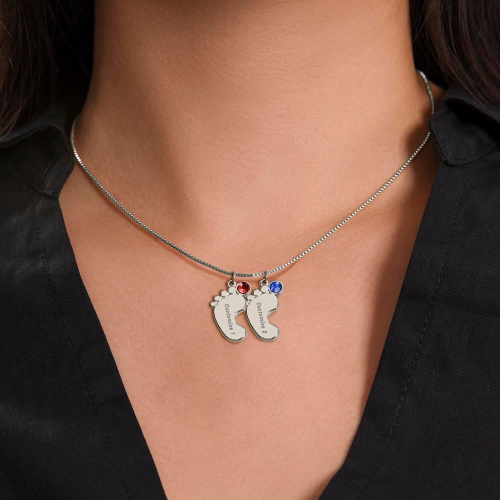 Engraved Baby Feet Necklace with Birthstone for Wife from Husband - Mother's Day Gift