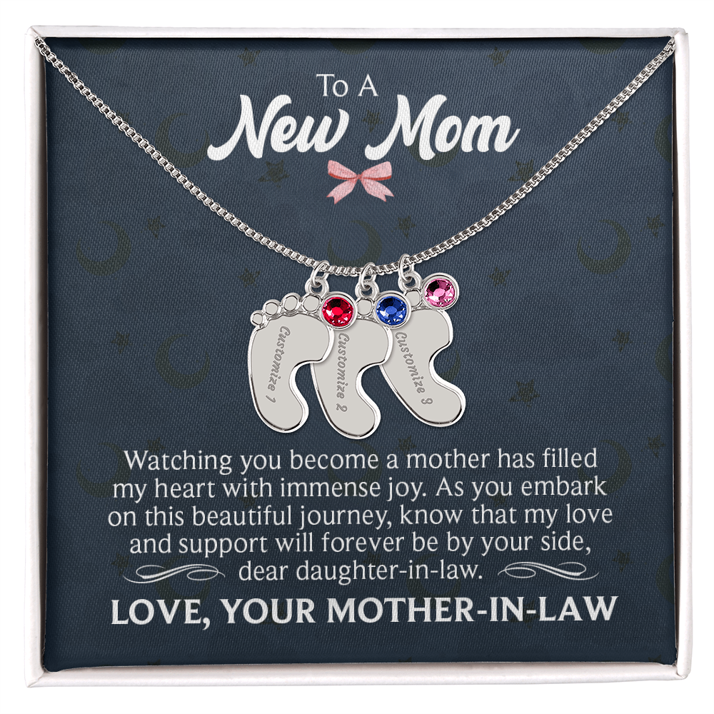 Engraved Baby Feet Necklace with Birthstone for Daughter-In-Law from Mother-In-Law - Mother's Day Gift