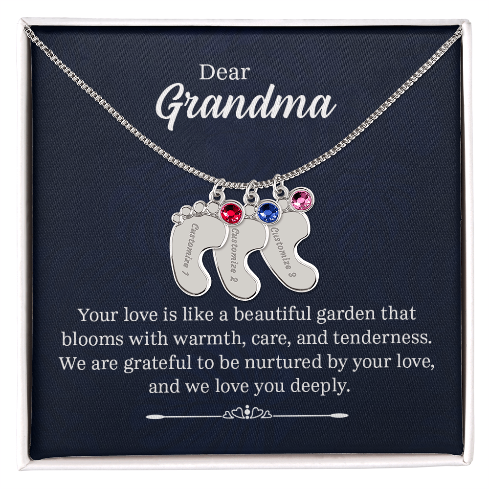 Engraved Baby Feet Necklace with Birthstone for Grandma - Mother's Day Gift