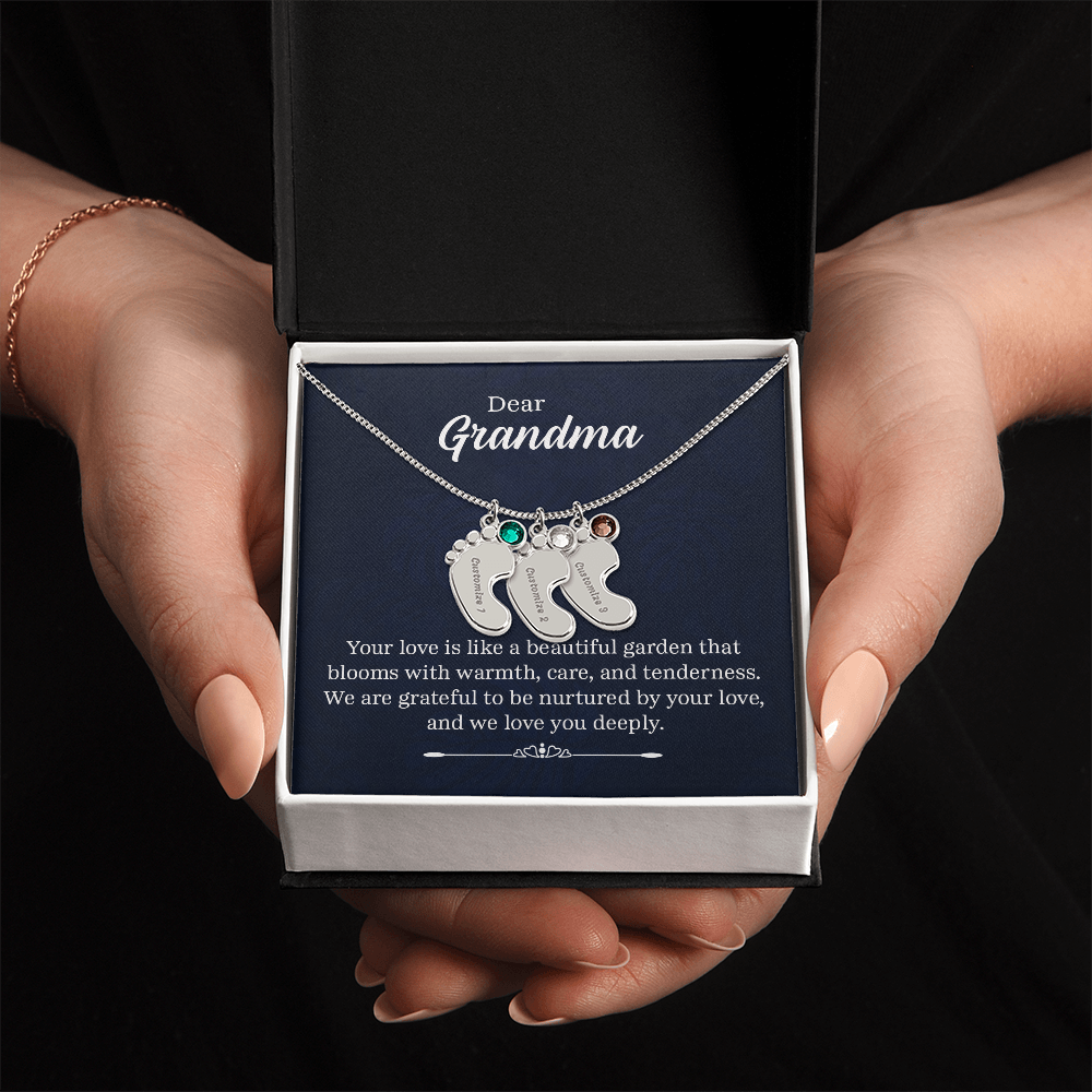 Engraved Baby Feet Necklace with Birthstone for Grandma - Mother's Day Gift