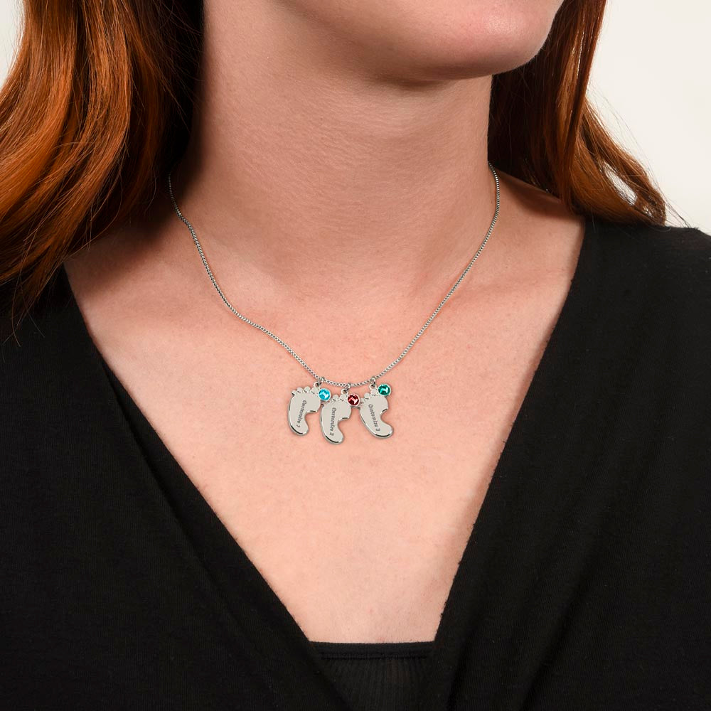 Engraved Baby Feet Necklace with Birthstone for Grandma - Mother's Day Gift