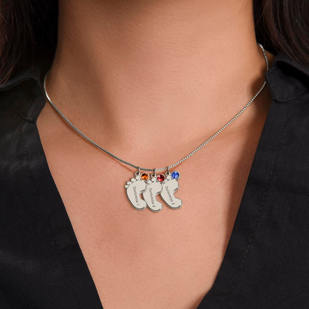 Engraved Baby Feet Necklace with Birthstone for Grandma - Mother's Day Gift