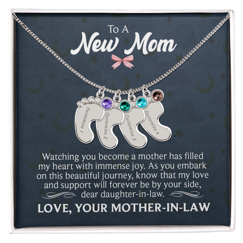 Engraved Baby Feet Necklace with Birthstone for Daughter-In-Law from Mother-In-Law - Mother's Day Gift
