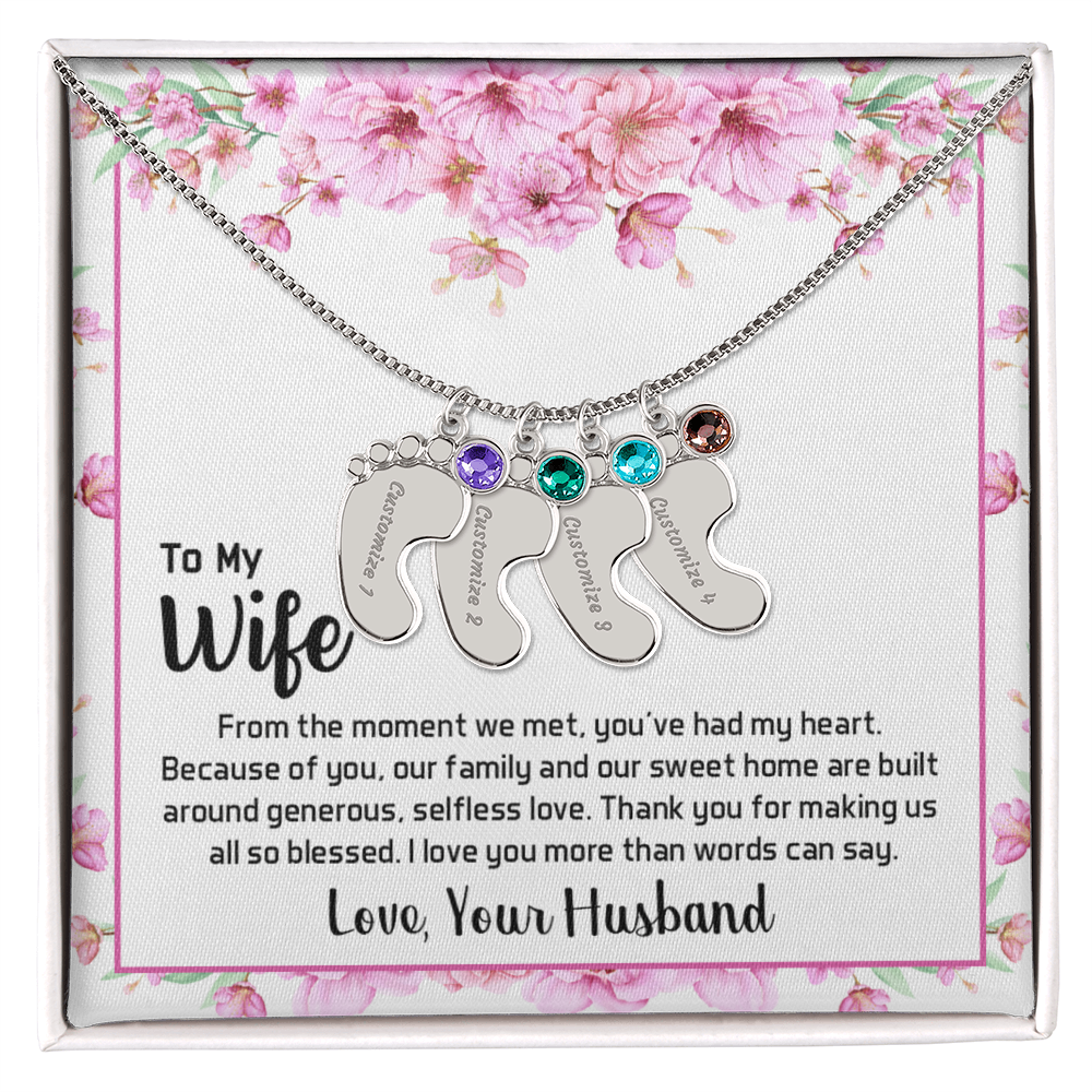 Engraved Baby Feet Necklace with Birthstone for Wife from Husband - Mother's Day Gift