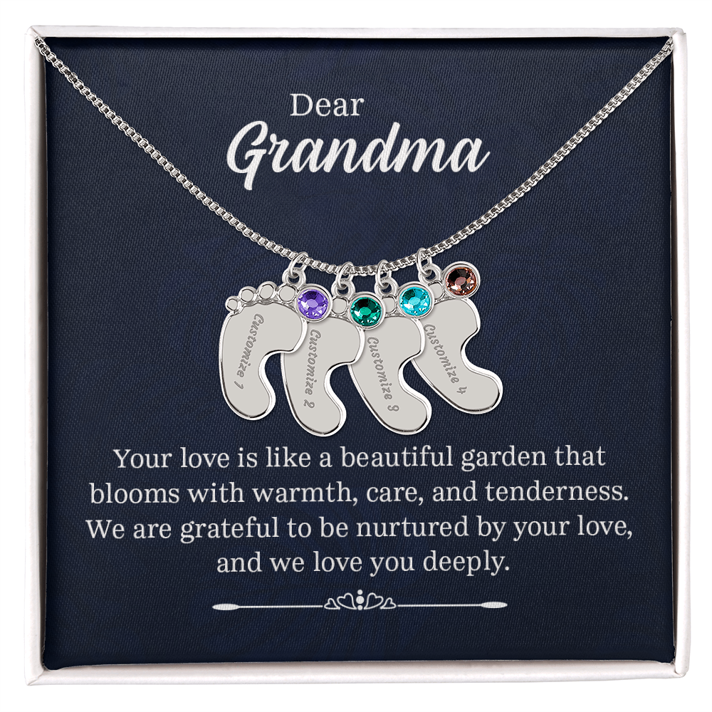 Engraved Baby Feet Necklace with Birthstone for Grandma - Mother's Day Gift