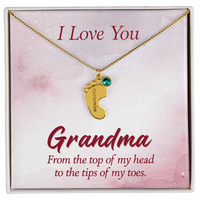Engraved Baby Feet Necklace with Birthstone for Grandma - Mother's Day Gift