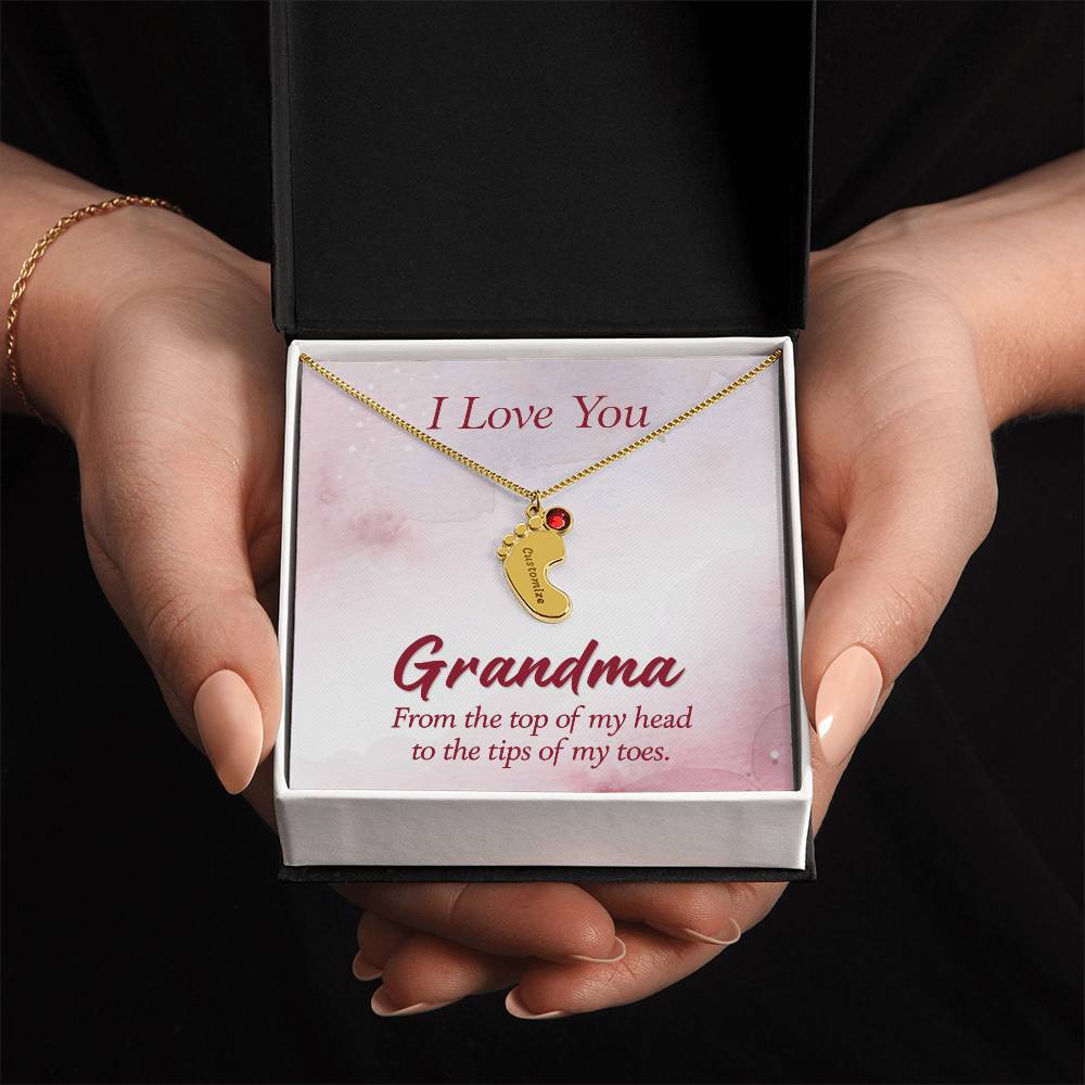 Engraved Baby Feet Necklace with Birthstone for Grandma - Mother's Day Gift