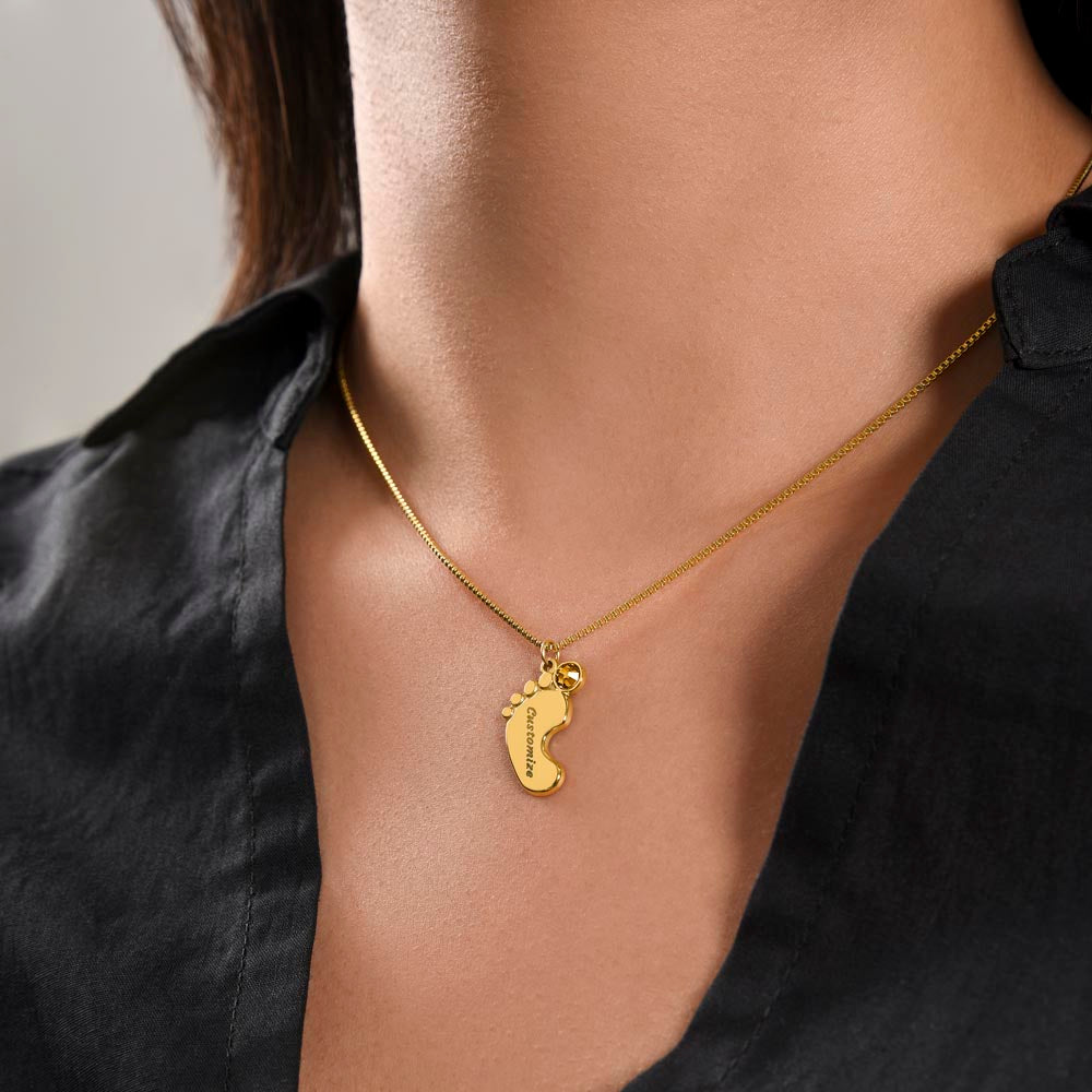 Engraved Baby Feet Necklace with Birthstone for Grandma - Mother's Day Gift