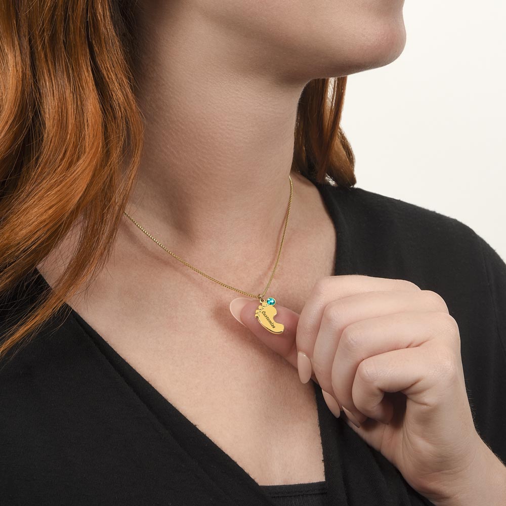 Engraved Baby Feet Necklace with Birthstone for Grandma - Mother's Day Gift